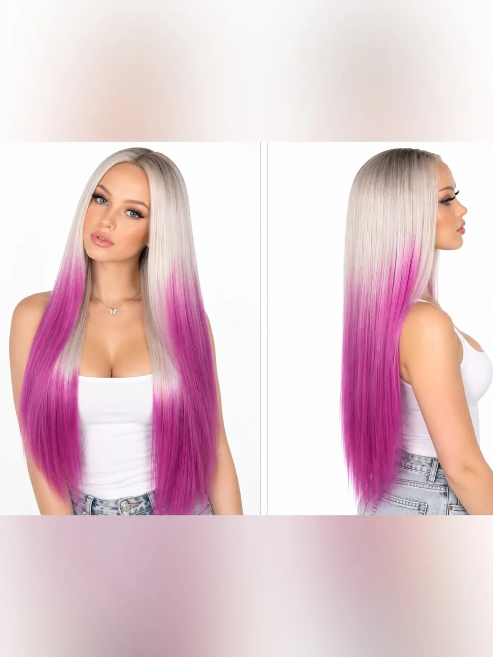 Long Straight Platinum to Vibrant Pink Ombre Wig - Women's Fashion Hair 26 inch